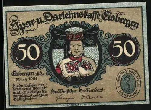 Notgeld Eisbergen a. d. Weser 1921, 50 Pfennig, Frau in Tracht