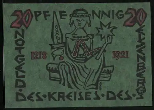 Notgeld Corbach /Eisenberg 1921, 20 Pfennig, Frau mit Prunkschwert und einem Stern