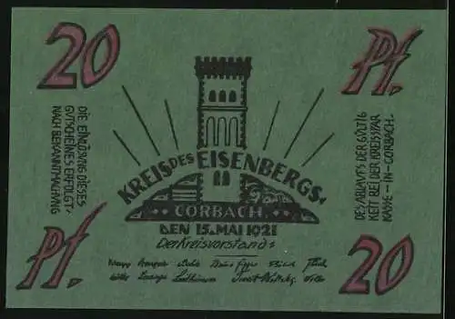 Notgeld Corbach /Eisenberg 1921, 20 Pfennig, Frau mit Prunkschwert und einem Stern