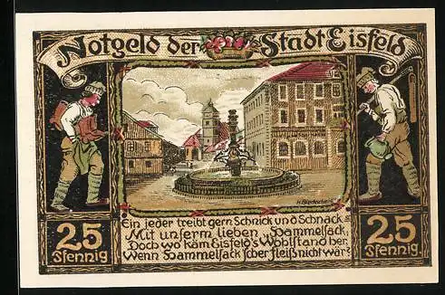 Notgeld Eisfeld 1921, 25 Pfennig, Brunnen, Arbeiter am Webstuhl