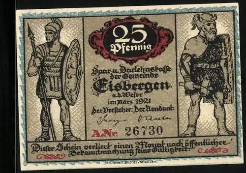 Notgeld Eisbergen a. d. Weser 1921, 25 Pfennig, Hermann der Germane in der Schlacht