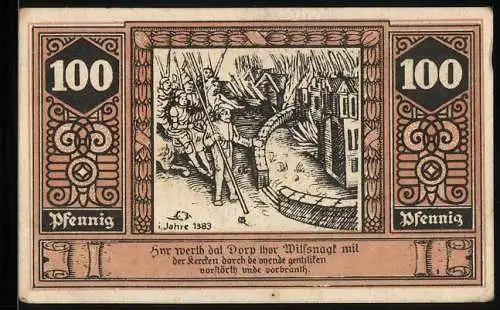 Notgeld Wilsnack, 100 Pfennig, Das Dorf brennt