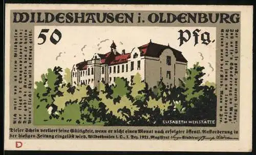 Notgeld Wildeshausen i. Oldenburg 1921, 50 Pfennig, Die Elisabeth-Heilstätte, Tambourmajor und Trommler