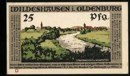 Notgeld Wildeshausen i. Oldenburg 1921, 25 Pfennig, Ortsansicht vom Huntetal, Militärparade