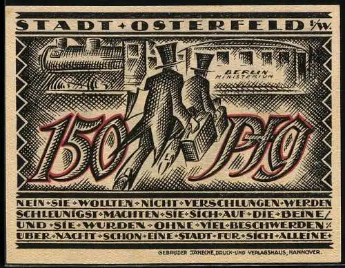 Notgeld Osterfeld i. W. 1921, 150 Pfennig, Die Bürokraten verschwinden zurück nach Berlin