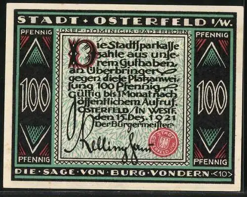 Notgeld Osterfeld i. W. 1921, 100 Pfennig, Ein Mönch trägt eine Holzbohle