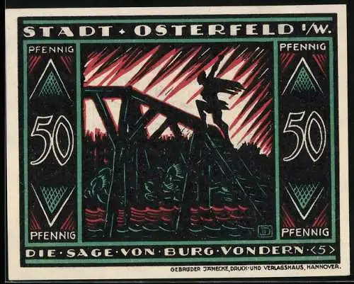 Notgeld Osterfeld i. W. 1921, 50 Pfennig, Mann erklimmt eine Brücke