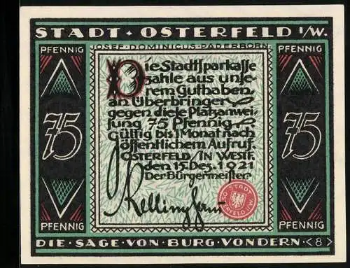 Notgeld Osterfeld i. W. 1921, 75 Pfennig, Der Ritter befreit die Frau