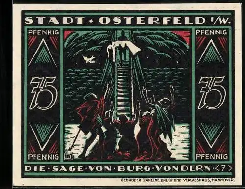 Notgeld Osterfeld i. W. 1921, 75 Pfennig, Mann bringt den Körper einer Frau über die Brücke