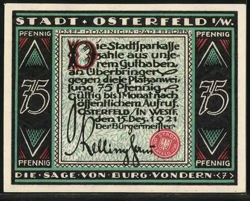 Notgeld Osterfeld i. W. 1921, 75 Pfennig, Mann bringt den Körper einer Frau über die Brücke