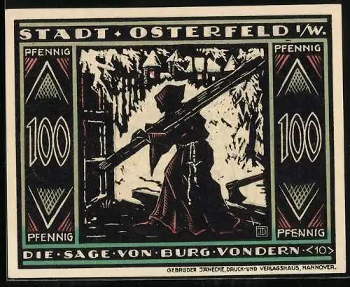 Notgeld Osterfeld i. W. 1921, 100 Pfennig, Mönch trägt eine Holzplanke