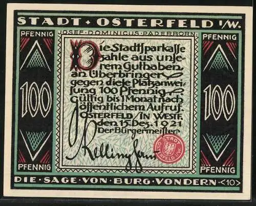 Notgeld Osterfeld i. W. 1921, 100 Pfennig, Mönch trägt eine Holzplanke