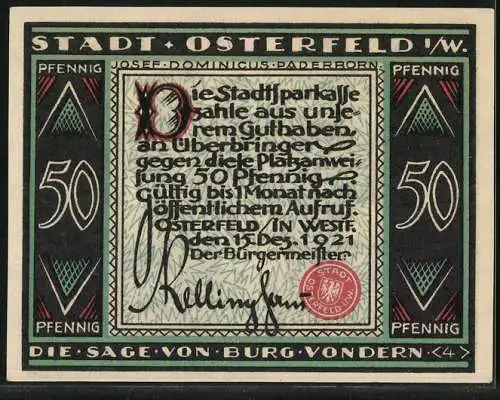 Notgeld Osterfeld i. W. 1921, 50 Pfennig, Frau kniet vor vier Männern