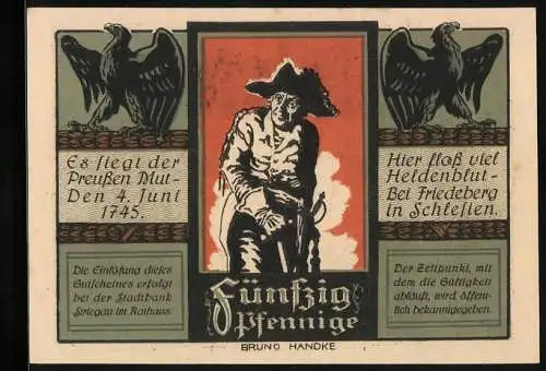 Notgeld Striegau in Schlesien 1921, 50 Pfennig, Plan der Schlacht be Hohenfriedeberg, Friedrich der Grosse