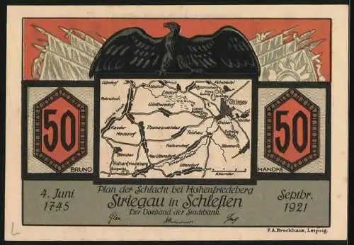 Notgeld Striegau in Schlesien 1921, 50 Pfennig, Plan der Schlacht be Hohenfriedeberg, Friedrich der Grosse