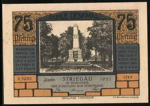 Notgeld Striegau in Schlesien 1921, 75 Pfennig, Guhle-Denkmal, Standartenträger und Trommler