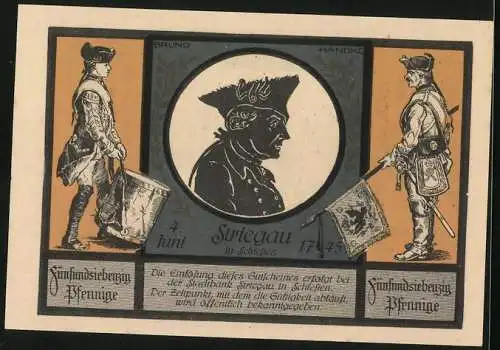 Notgeld Striegau in Schlesien 1921, 75 Pfennig, Trommler und Standartenträger, Guhle-Denkmal