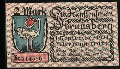 Notgeld Strausberg 1921, 2 Mark, Edelmänner auf dem Marienberg