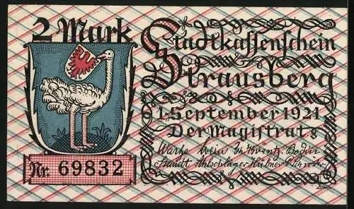 Notgeld Strausberg 1921, 2 Mark, Drei Edelmänner auf dem Marienberg