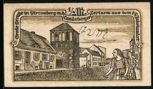 Notgeld Strausberg 1921, 1 /2 Mark, Grosse Strasse mit dem Landsberger Torturm