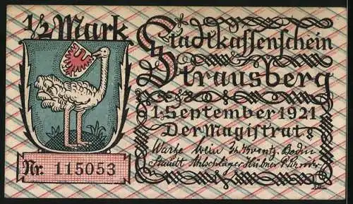 Notgeld Strausberg 1921, 1 /2 Mark, Grosse Strasse mit dem Landsberger Torturm