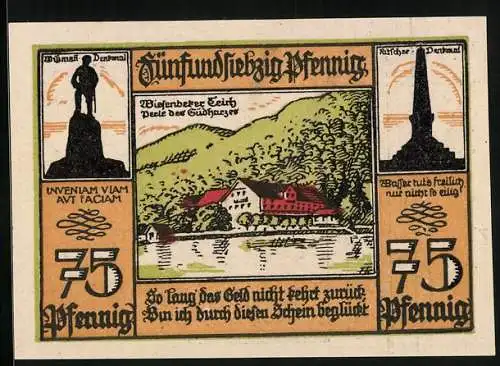 Notgeld Bad Lauterberg im Harz 1921, 75 Pfennig, Wiesenberger Teich, Wissmann- und Ritscher-Denkmäler