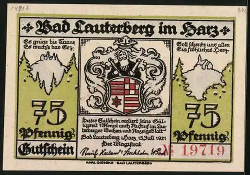 Notgeld Bad Lauterberg im Harz 1921, 75 Pfennig, Wiesenberger Teich, Wissmann- und Ritscher-Denkmäler