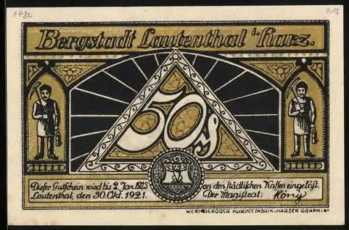 Notgeld Lautenthal i. Harz 1921, 50 Pfennig, Wanderer am Fluss im Innerstethal