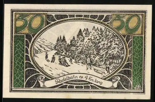 Notgeld Lautenthal i. Harz 1921, 50 Pfennig, Skiläufer und Schlittenfahrer auf der Rodelbahn