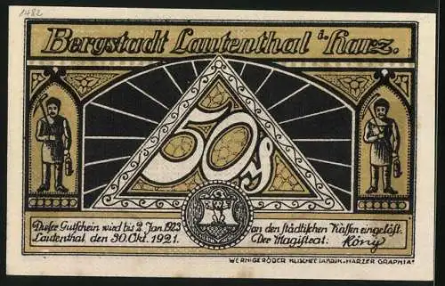 Notgeld Lautenthal i. Harz 1921, 50 Pfennig, Skiläufer und Schlittenfahrer auf der Rodelbahn