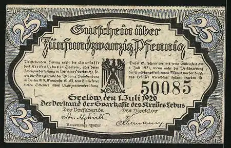 Notgeld Seelow 1920, 25 Pfennig, Schmied mit Schmiedehammer und Amboss