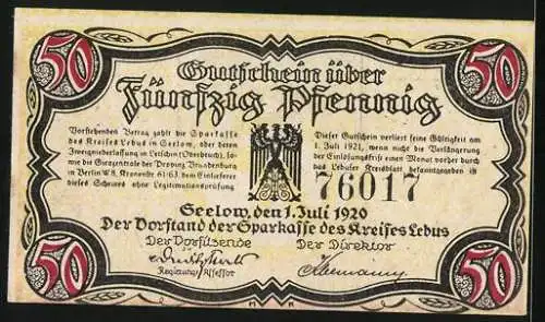 Notgeld Seelow 1920, 50 Pfennig, Bauer am Pflug auf dem Feld
