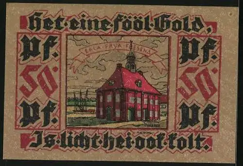 Notgeld Leer /Ostfriesland, 50 Pfennig, Wedefrau in Tracht, kleine Kirche