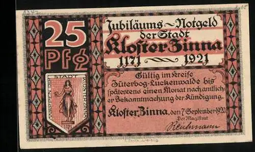 Notgeld Kloster Zinna 1921, 25 Pfennig, Frontalansicht der Klosterkirche