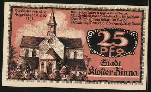 Notgeld Kloster Zinna 1921, 25 Pfennig, Frontalansicht der Klosterkirche