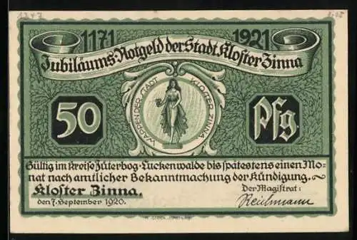 Notgeld Kloster Zinna 1921, 50 Pfennig, Denkmal Friedrichs des Grossen, Fürstenhaus