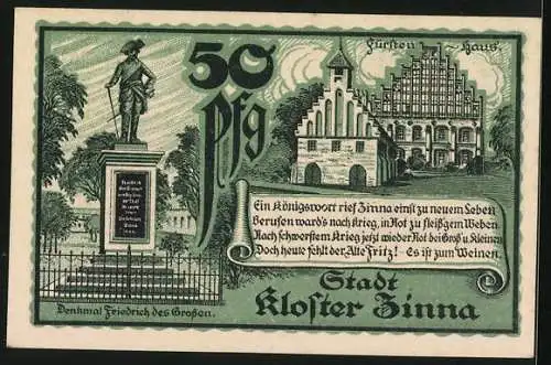 Notgeld Kloster Zinna 1921, 50 Pfennig, Denkmal Friedrichs des Grossen, Fürstenhaus