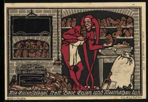 Notgeld Kneitlingen 1921, 1 Mark, Till Eulenspiegel backt Eulen und Meerkatzen