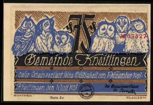 Notgeld Kneitlingen 1921, 75 Pfennig, Till Eulenspiegel sitzt in einer Karre Sand