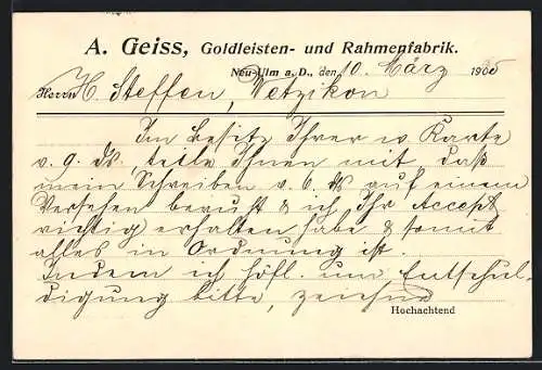 AK Neu-Ulm, Karte der A. Geiss Goldleisten- und Rahmenfabrik