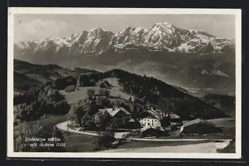 AK Salzburg, Gasthaus Zistelalpe, Blick auf den Ort mit Hohem Göll