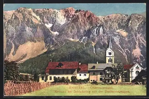 AK Ramsau am Dachstein, Ortsblick mit Kirche und Dachsteingruppe