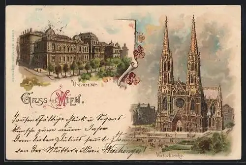 Lithographie Wien I, Universität und Votivkirche