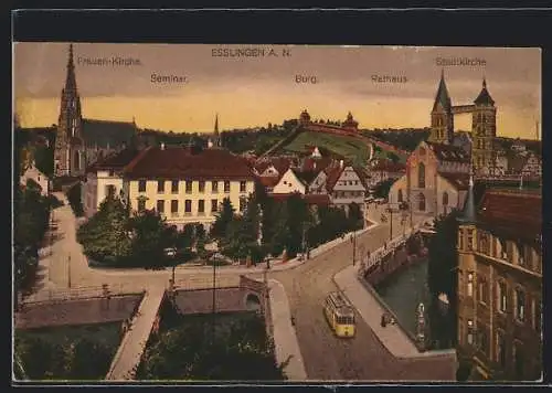 AK Esslingen, Ortspartie mit Frauen-Kirche, Seminar, Burg und Rathaus