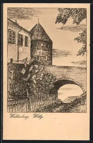 Künstler-AK Waldenburg / Württ., Turm und Brücke