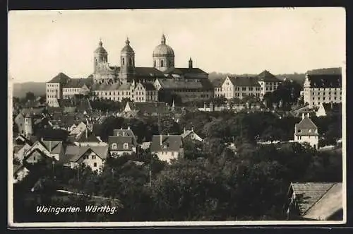 AK Weingarten / Württ., Ortsansicht mit Blick zur Abtei