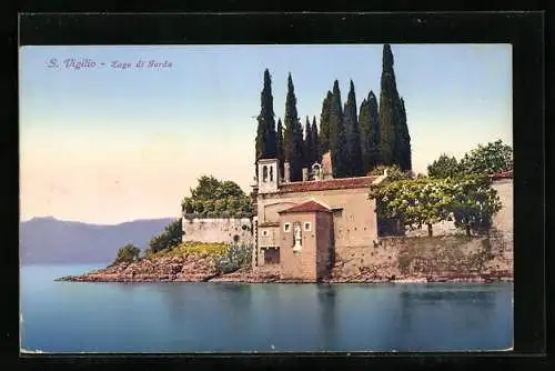 AK Garda, Punta San Vigilio /Lago di Garda, Kirche vom Wasser betrachtet