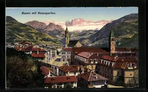 AK Bozen, Ortsansicht gegen Rosengarten