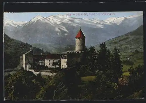 AK Sterzing, Partie an der Burg Sprechenstein mit Gebirgspanorama