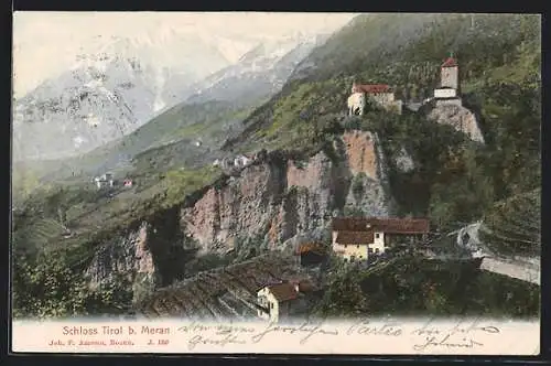 AK Meran, Schloss Tirol und Umgebung aus der Vogelschau